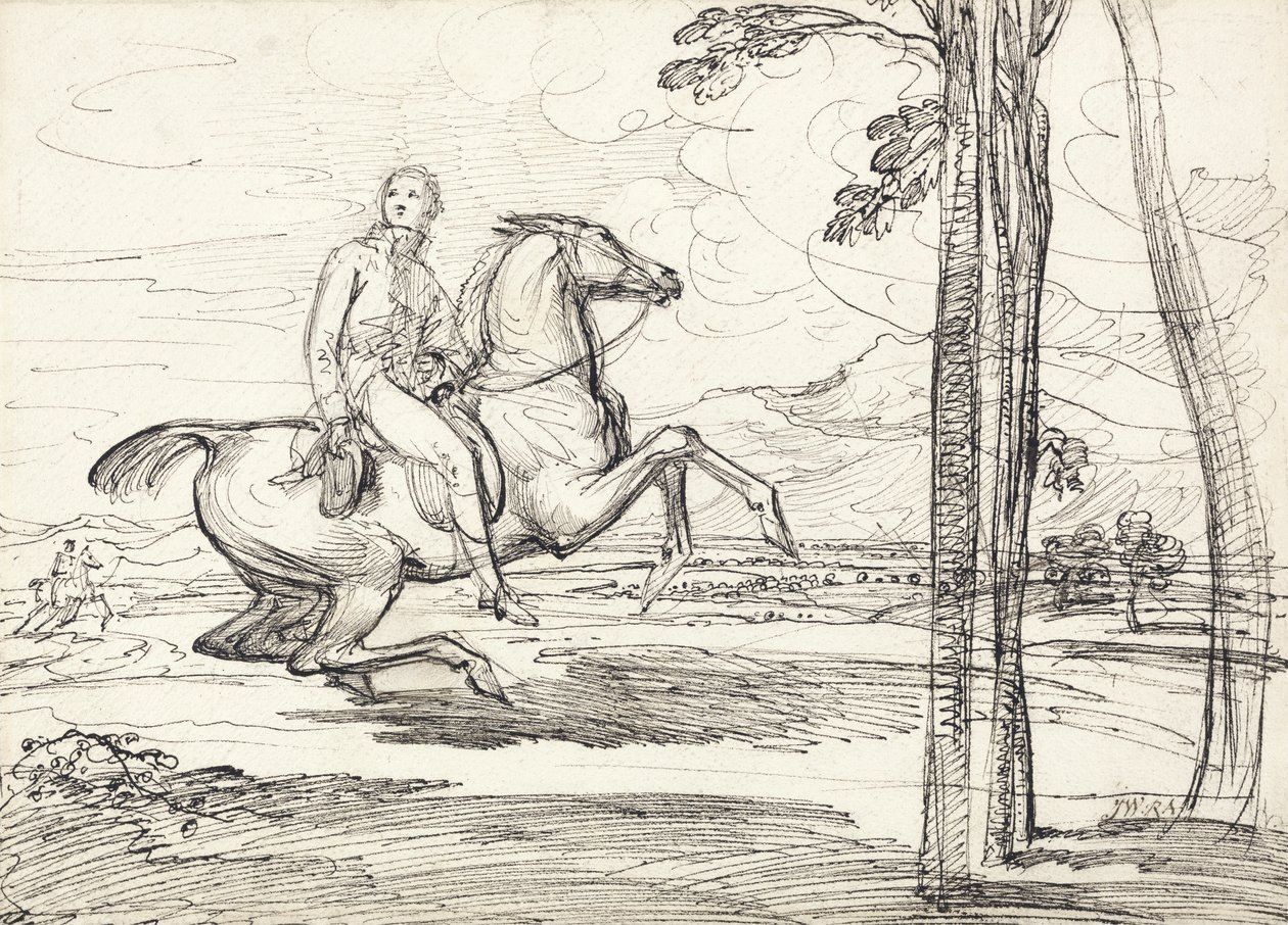 Jezdec v krajině, pravděpodobně studie pro „Theophilus Levett Fox Hunting in Wychnor Park“ od James Ward