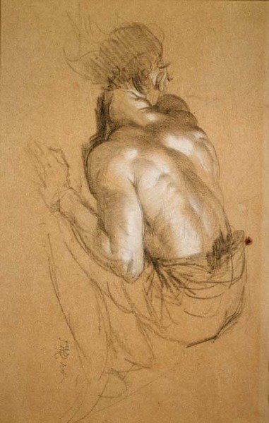 Crouching Man, studie pro „The Triumph of Wellington“ (uhlí a křída na papíře) od James Ward