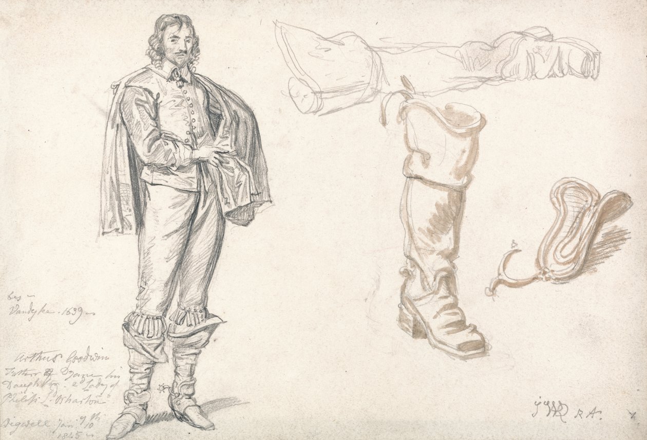 Studie stojící postavy a boty, 1825 (grafit a sépie mytí na papíře) od James Ward