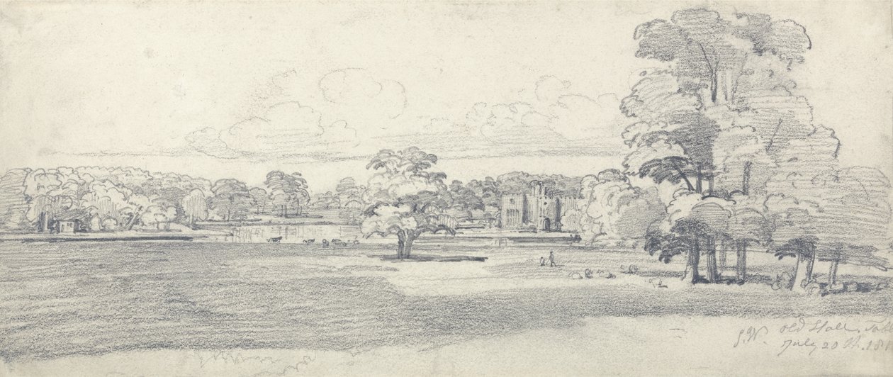 The Old Hall, Tabley, Surrounded by Parkland, 20. července 1814 (tužka na papíře) od James Ward
