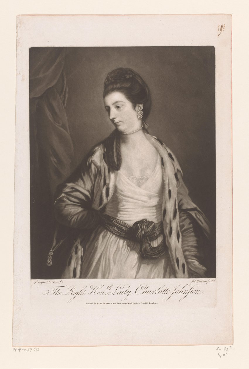 Portrét od Charlotte Johnstone Správný Honble. Lady Charlotte Johnston (titul na objektu) od James Watson (prentmaker)