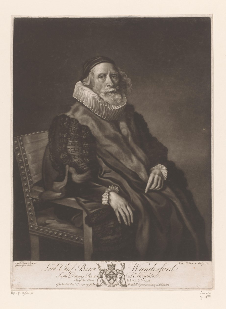 Portrét van Rowland Wandesford Lord Chief Baron Wandesford (titul na předmětu) Schilderijen v The Houghton Gallery (název série) The Houghton Gallery (název série) od James Watson (prentmaker)