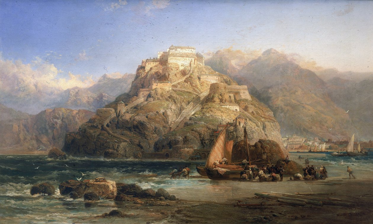 Pohled na San Sebastian (Španělsko), v centru hora Urgull a budovy hradu Santa Cruz de la Mota. Olej na plátně, autor James Webb (činný v letech 1853-1888). od James Webb