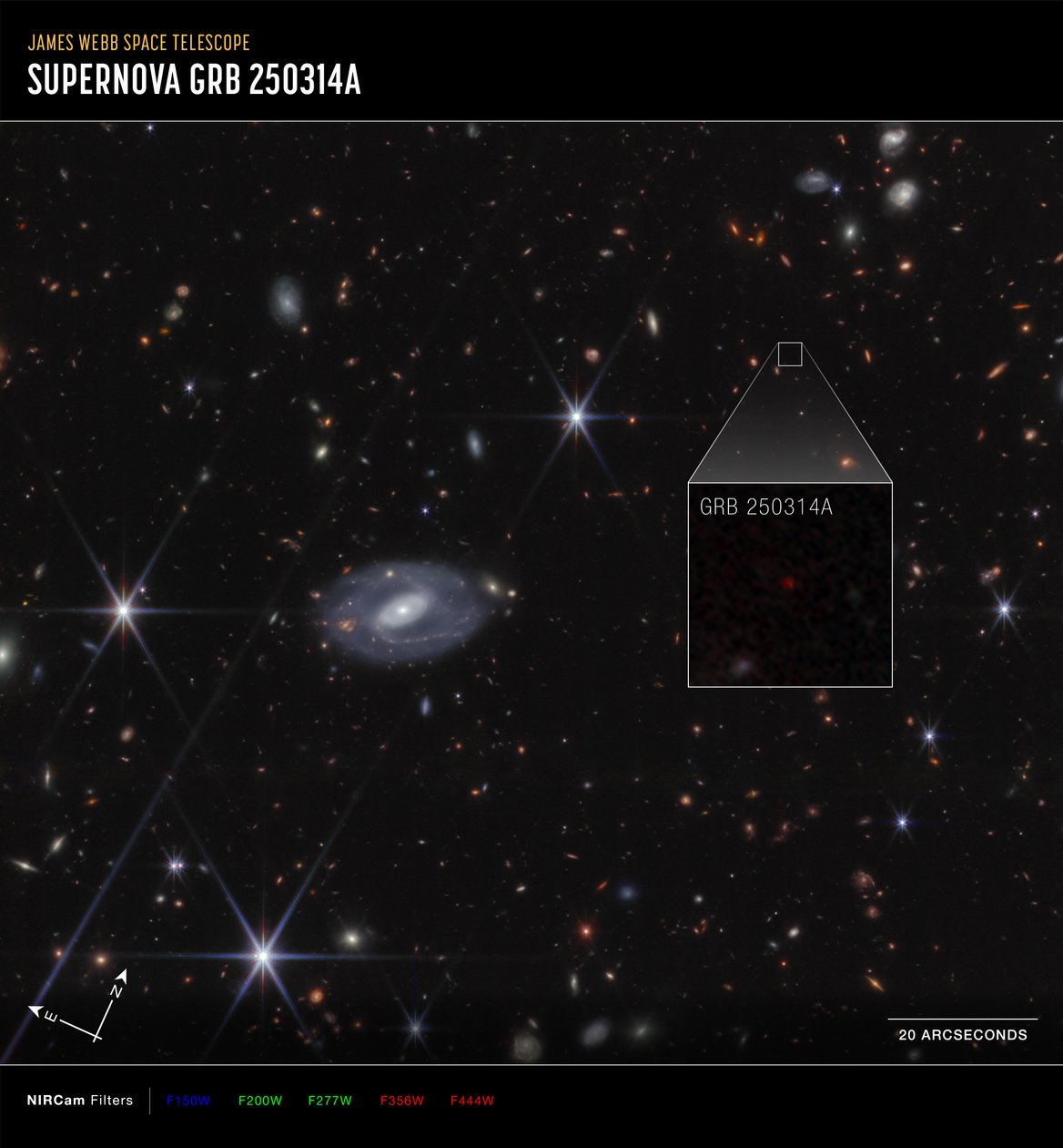 Zvětšený výřez GRB 250314A (snímek z kamery Compass NIRCam) od James Webb Space Telescope (NASA)