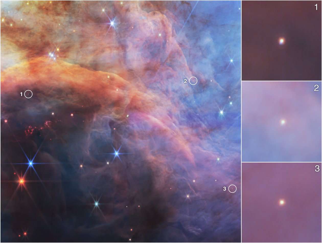 Objekty s nízkou hmotností v mlhovině Plamen (snímek z kamery NIRCam) od James Webb Space Telescope (NASA)