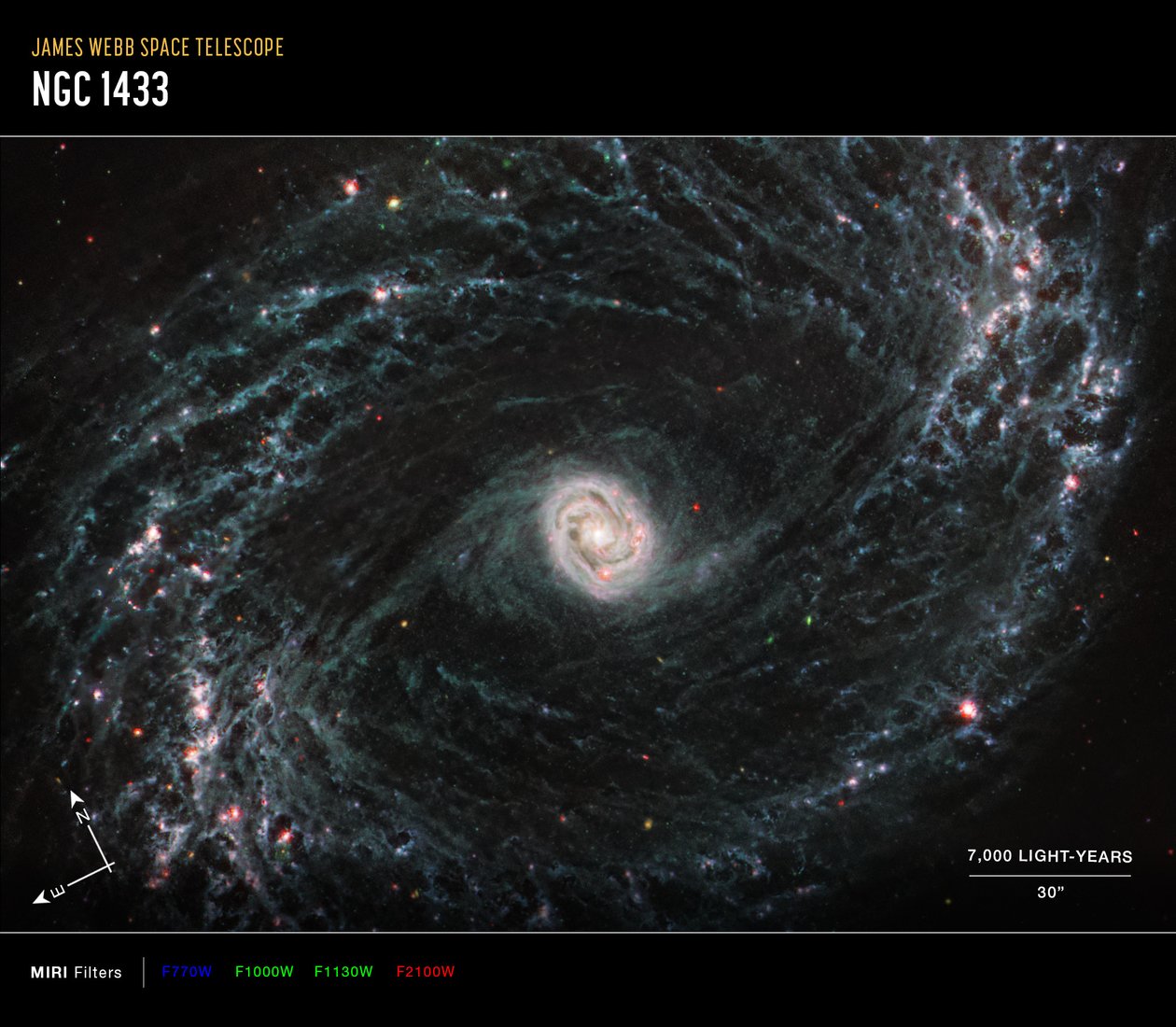 NGC 1433 (snímek z kompasu MIRI) od James Webb Space Telescope (NASA)