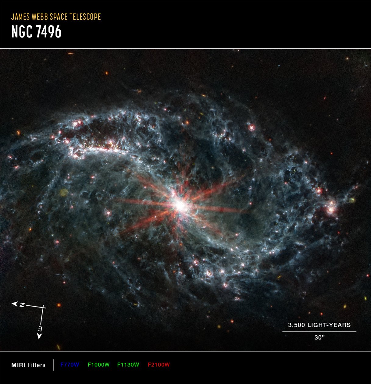 NGC 7496 (snímek kompasu MIRI) od James Webb Space Telescope (NASA)