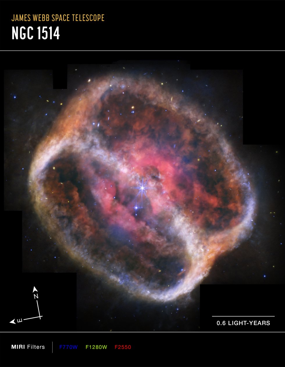 Planetární mlhovina NGC 1514 (snímek pořízený přístrojem MIRI Compass) od James Webb Space Telescope (NASA)