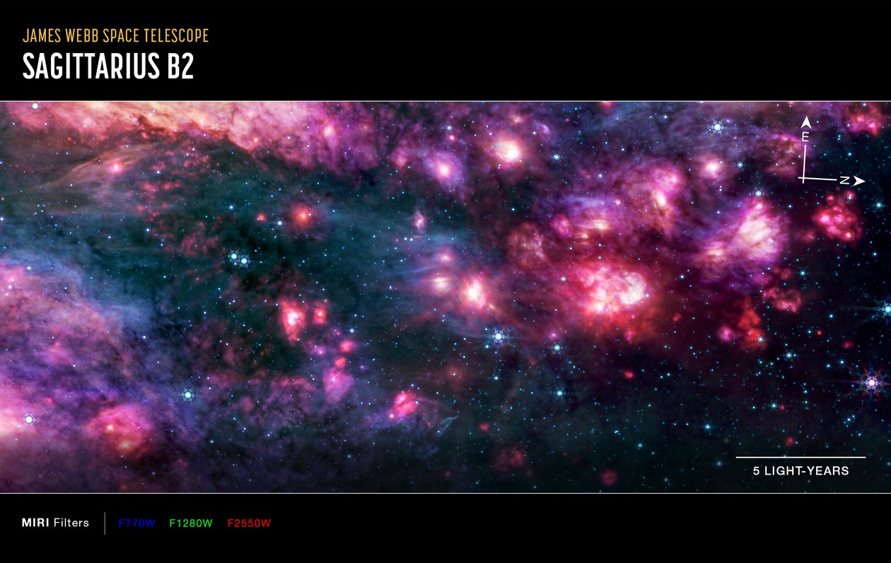 Sagittarius B2 (snímek z přístroje MIRI Compass) od James Webb Space Telescope (NASA)