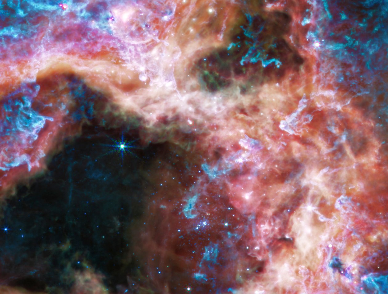Mlhovina Tarantule (obrázek MIRI) od James Webb Space Telescope (NASA)
