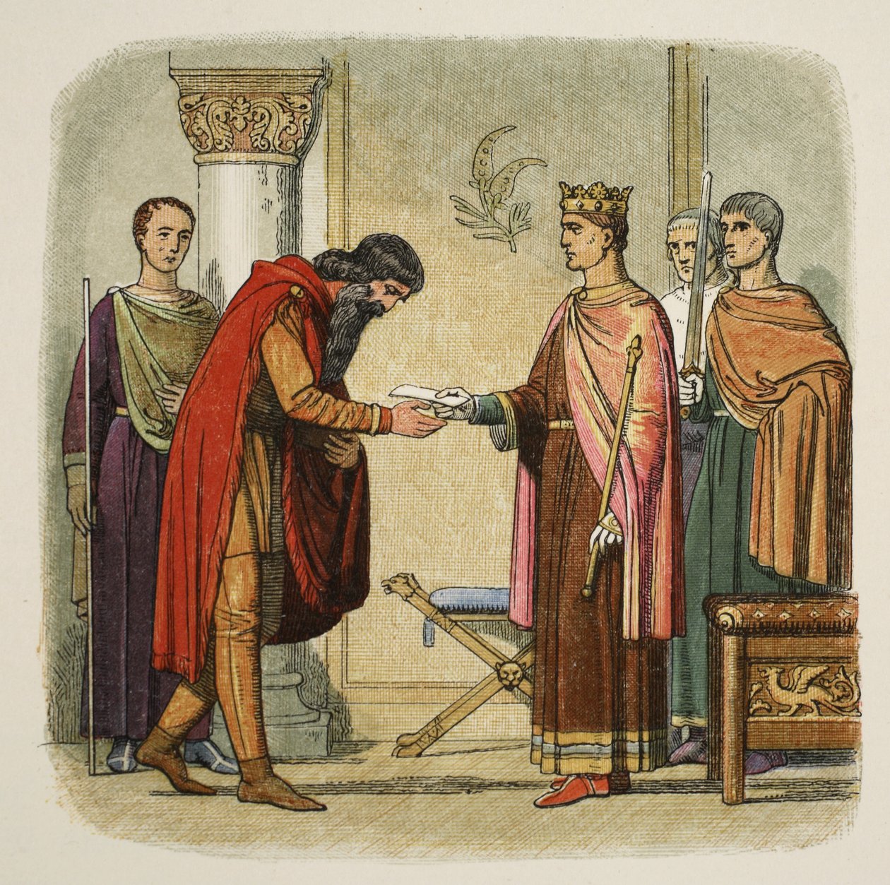 Henry zmocňuje Dermoda k vybírání sil, 1170, od A Chronicle of England BC 55 do AD 1485, pub. Londýn, 1863 od James William Edmund Doyle