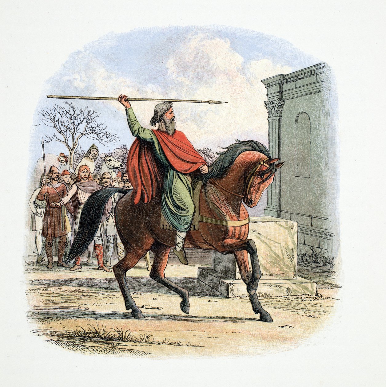 Velekněz Coifi znesvětil chrám modly, 627 n. l., z knihy Kronika Anglie 55 př. n. l. až 1485 n. l., vyd. Londýn, 1863 od James William Edmund Doyle
