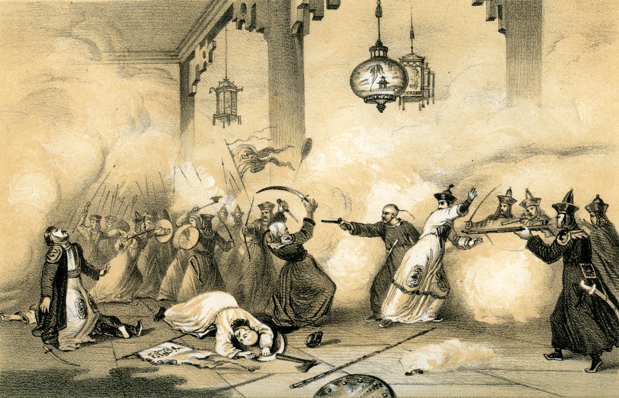 Současný císař Číny, když mladý muž zachraňuje život svého otce..., c1796-1804, 1847. od James William Giles