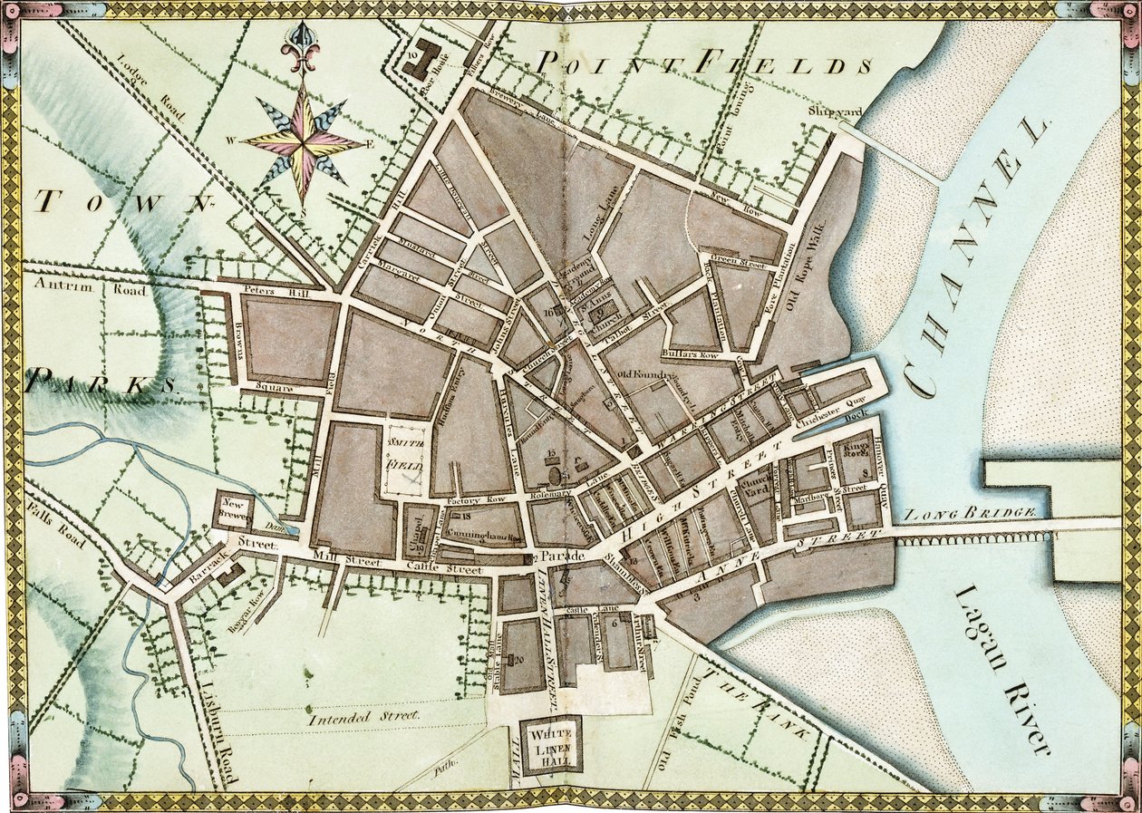 Dvoustránkový akvarelový plán Belfastu, kolem roku 1795 od James Williamson