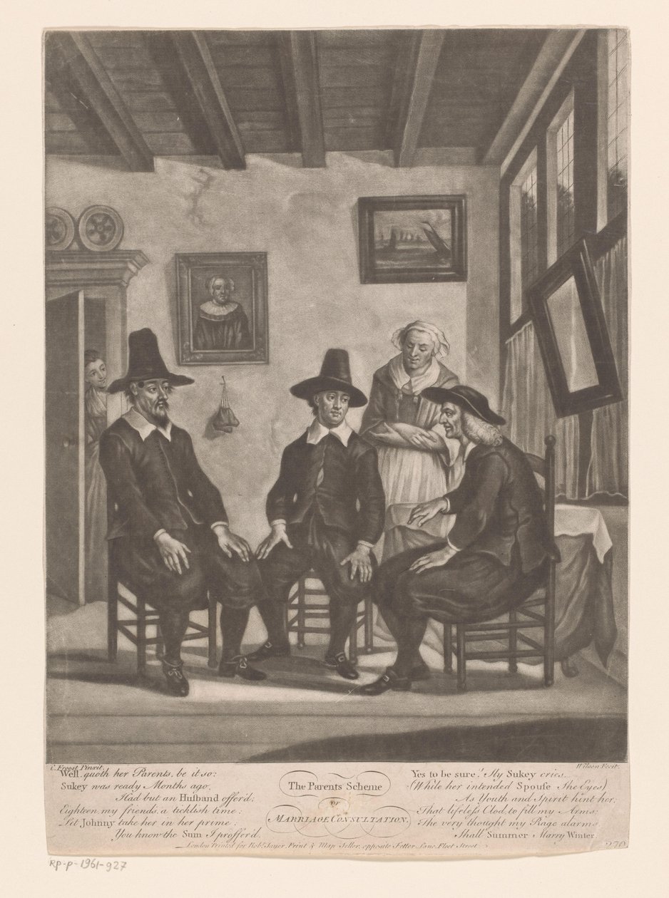 Tři muži v poradě, zatímco mladá žena poslouchá v rámu dveří Rodičovské schéma / nebo / Manželské konzultace (název na objektu) od James Wilson