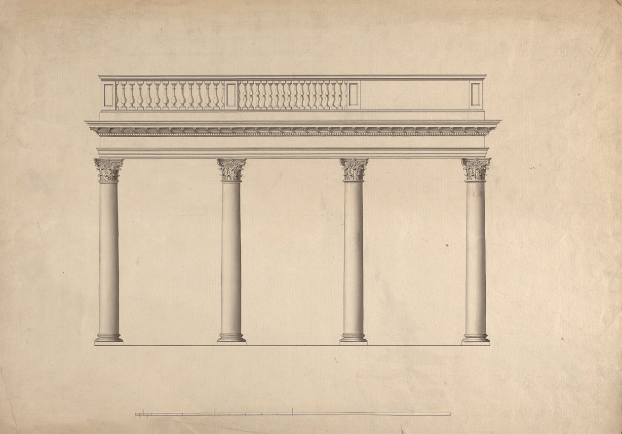 Cobham Hall, Kent: pohled na kolonádu s balustrádovým parapetem od James Wyatt