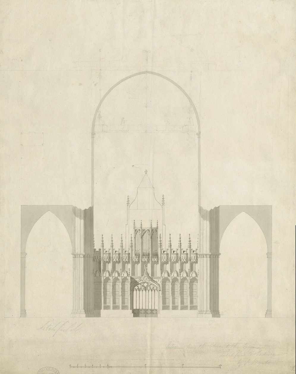 Interiér katedrály Lichfield - Vchod od sboru k lodi: kreslení a mytí, nd [c 1780] od James Wyatt