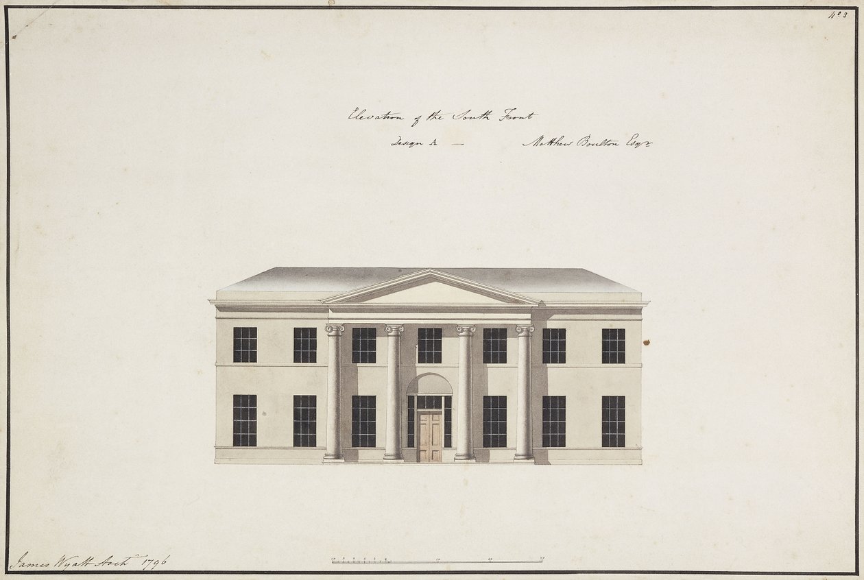 Soho House: Plán přízemí; Plán patra ložnice; Pohled na jižní frontu, Návrh A, Pohled na jižní frontu, Návrh B a Pohled na severní frontu, 1796 od James Wyatt