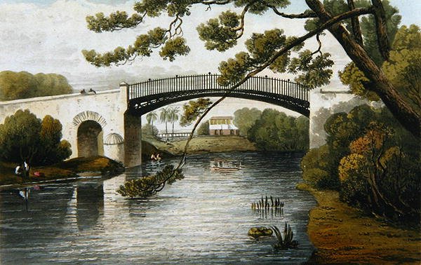 Most přes Rio Cobre, španělské město, z Malebné cesty po ostrově Jamajka, vyryl J. Cartwright, 1824 od James after Hakewill