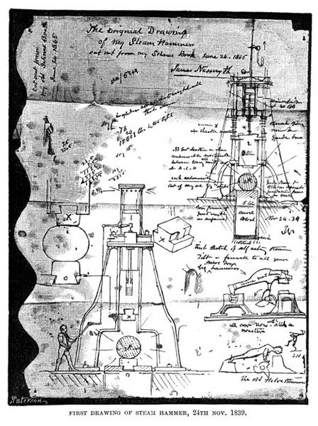 První kresba parního kladiva, 24. listopadu 1839, z vytržené stránky z náčrtníku Nasmyths, vyryl R. Paterson od James after Nasmyth