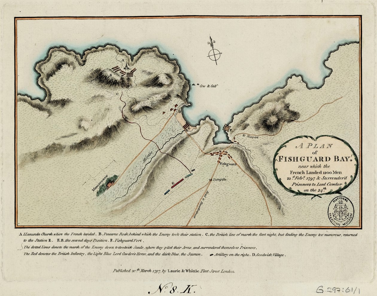 Plán zálivu Fishguard, u kterého se 22. února 1797 vylodilo 1200 Francouzů a 24. února 1797 se vzdali zajatců lordu Cawdorovi. od James and Laurie Robert (1755 1836) Whittle