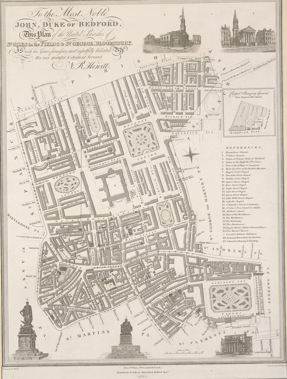 Nejvznešenějšímu Janovi, vévodovi z Bedfordu. Tento plán spojených farností St. Giles in the Fields a St. George v Bloomsbury. od James the Elder Wyld