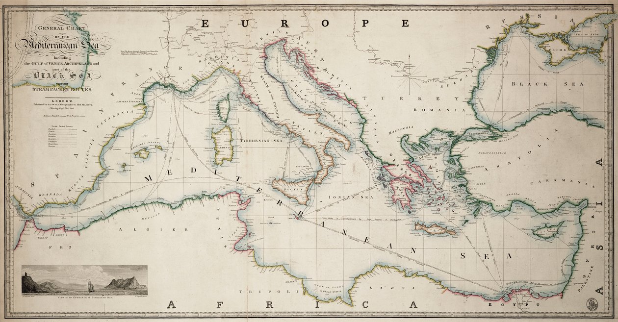 Generální mapa Středozemního moře včetně Benátského zálivu, souostroví a části Černého moře s trasami paroplavby od James the Younger Wyld
