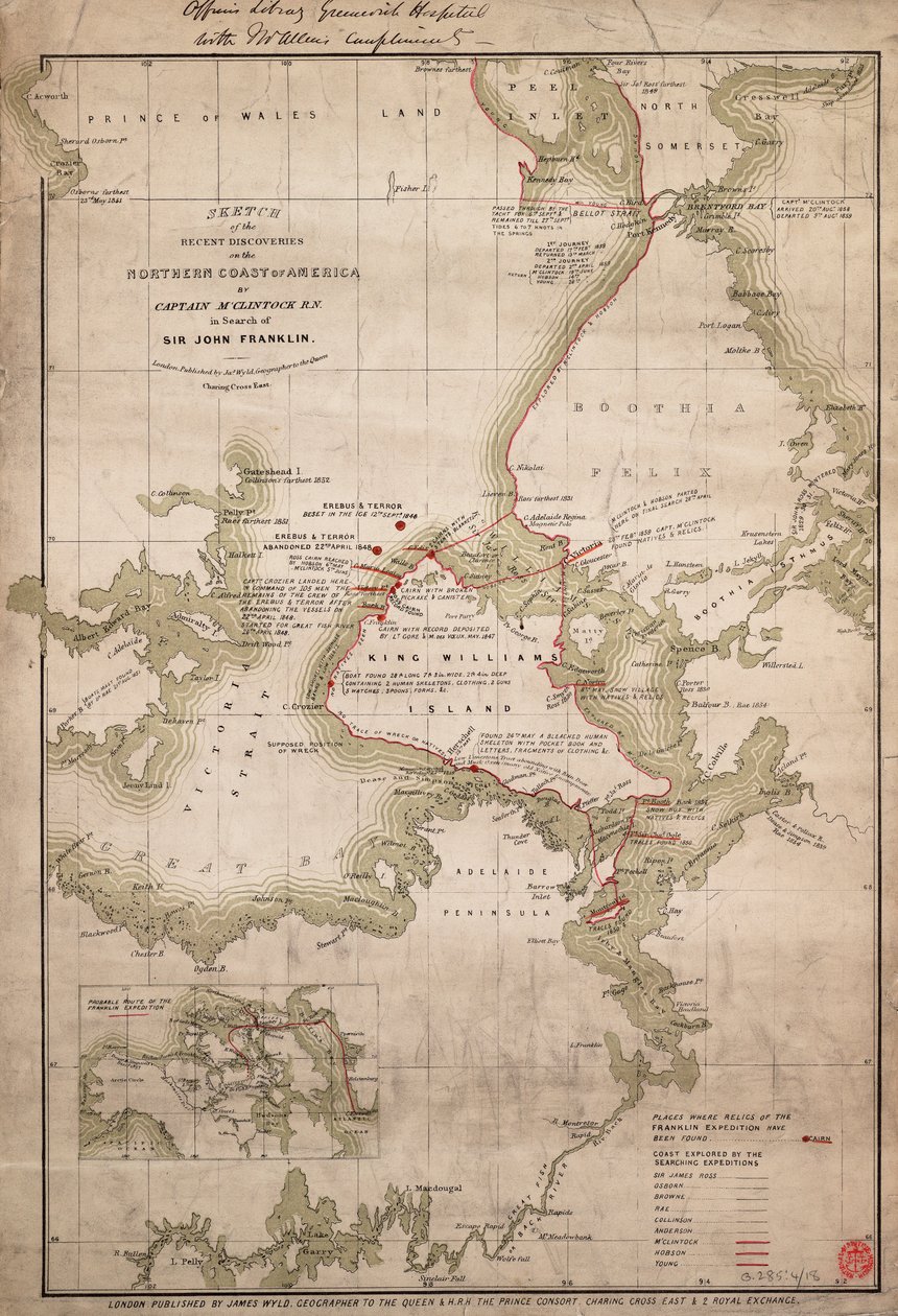 Náčrt objevů na severním pobřeží Ameriky, které učinil kapitán McClintock RN při pátrání po siru Johnu Franklinovi, asi 1859 (kolorovaná rytina) od James the Younger Wyld