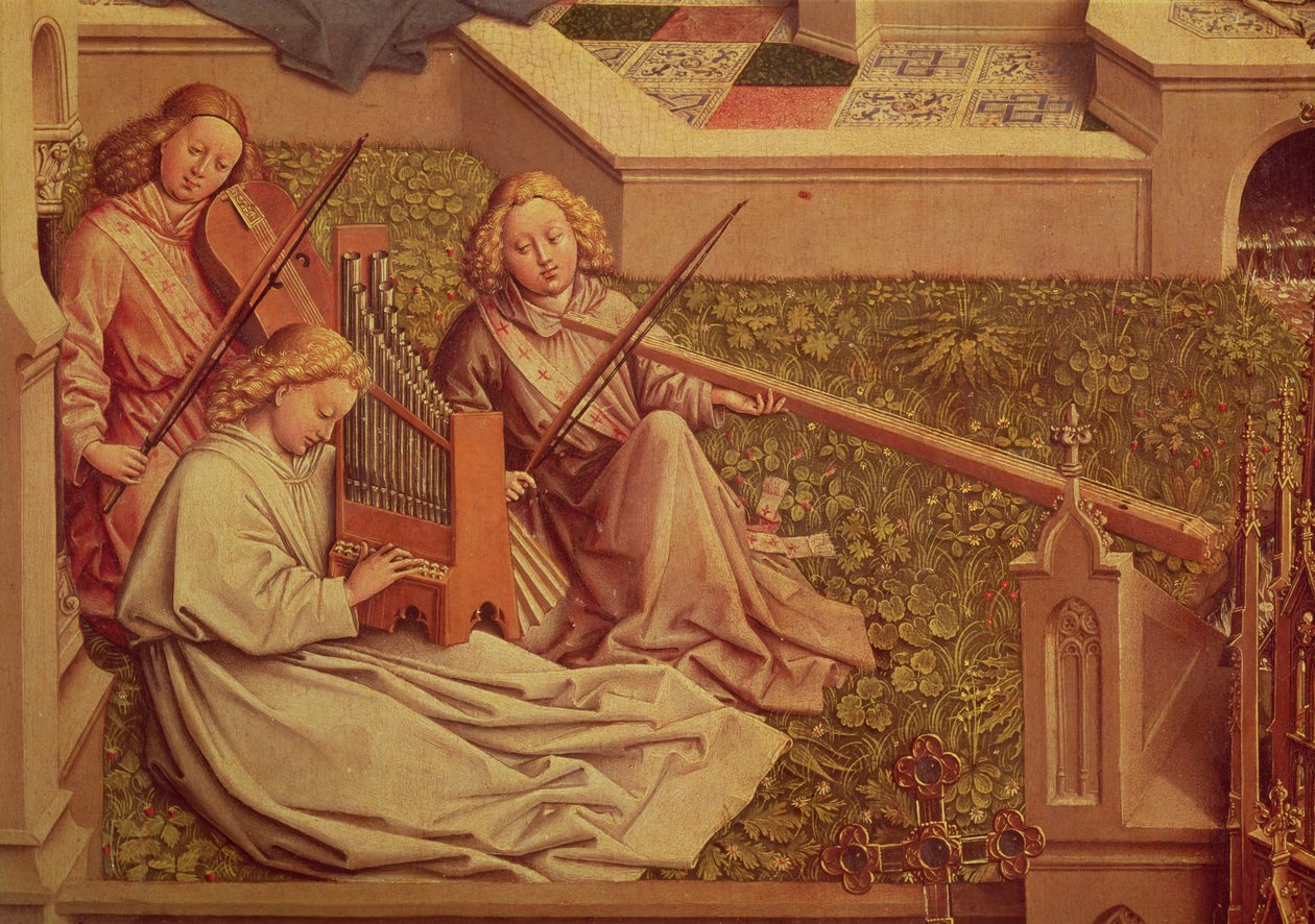 Fontána milosti, detail tří andělských hudebníků od Jan van Eyck