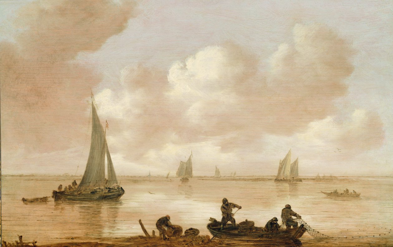 Ústí řeky s rybáři, kteří vytahují sítě (olej) od Jan Josephsz van Goyen