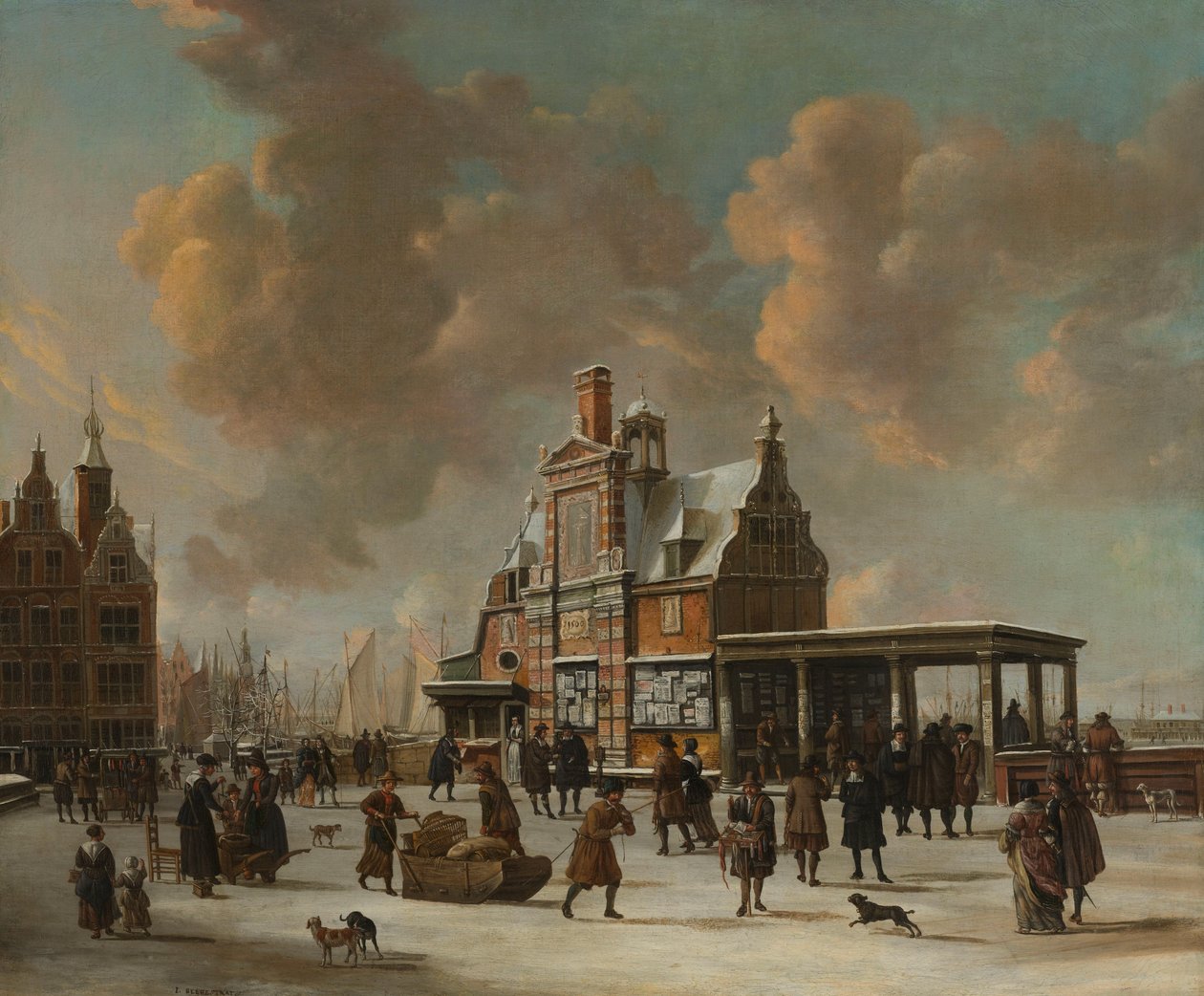 Paalhuis a Nieuwe Brug v Amsterdamu během zimy od Jan Abrahamsz. Beerstraten