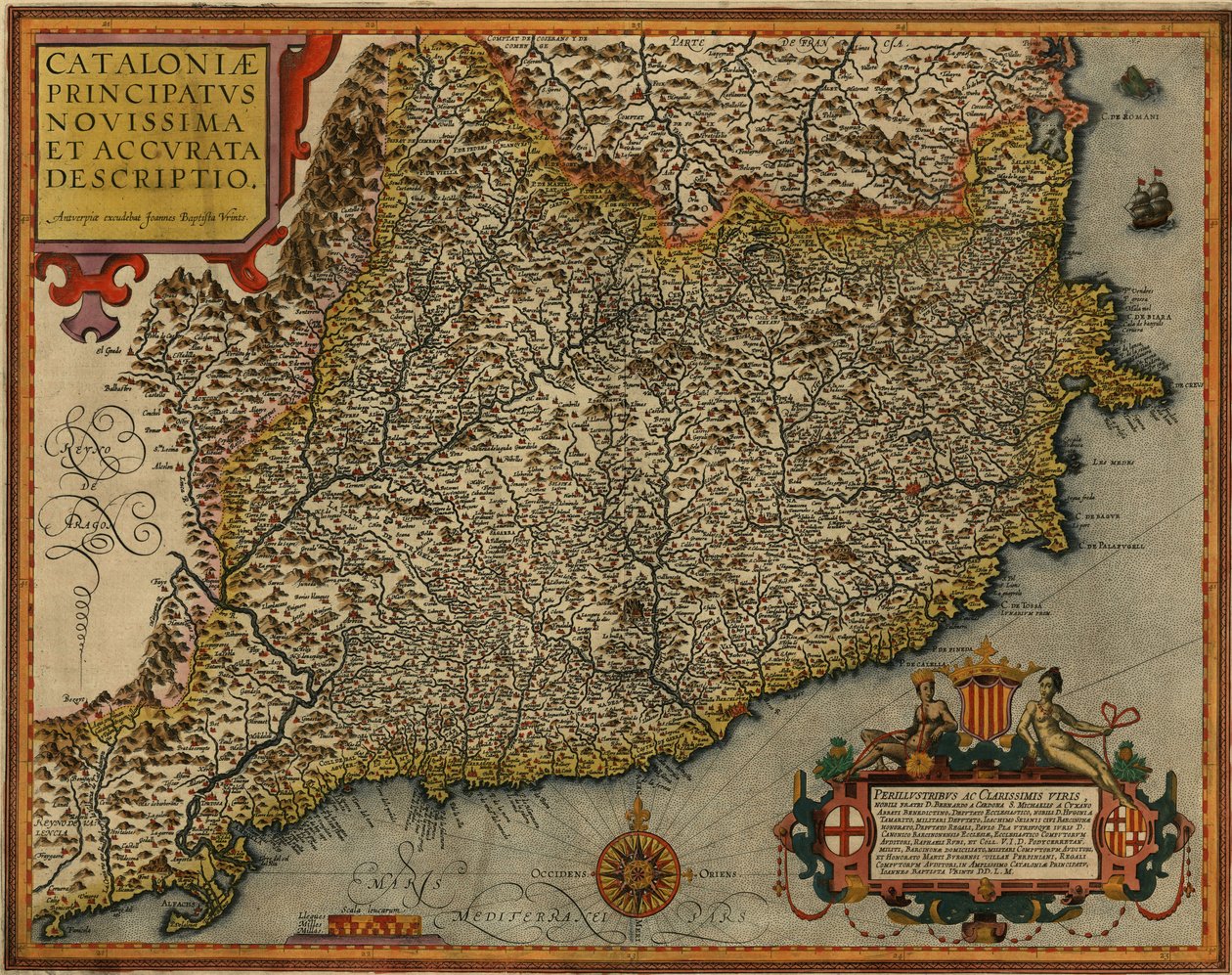 Mapa Katalánska s názvem Poslední a přesný popis Katalánska vytištěná v Antverpách v roce 1608 Janem Baptistem Vrientsem od Jan Baptist Vrients