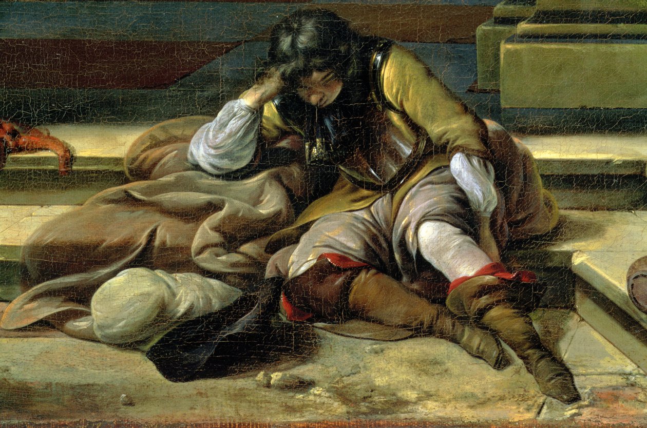 Italská přístavní scéna, detail spícího vojáka od Jan Baptist Weenix