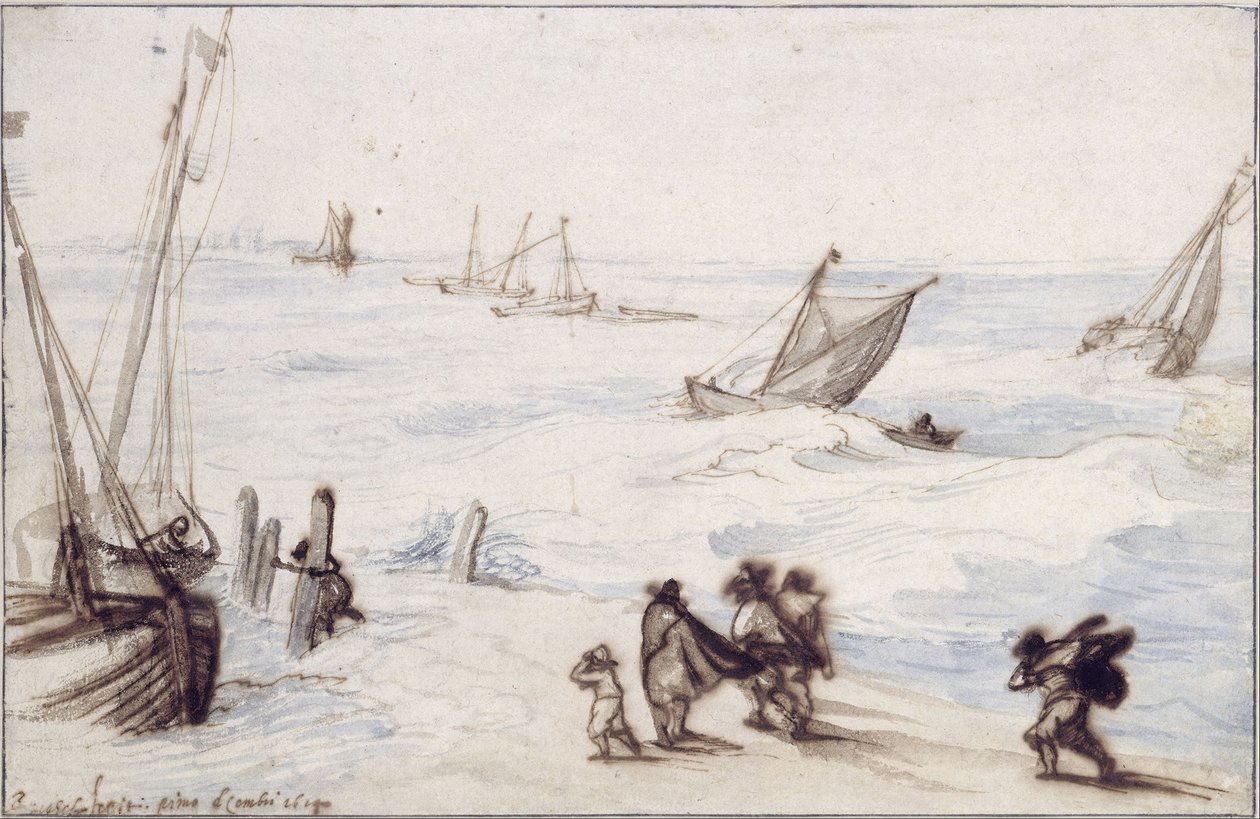 Pláž s plachetnicemi a rozbouřeným mořem od Jan the Elder Brueghel