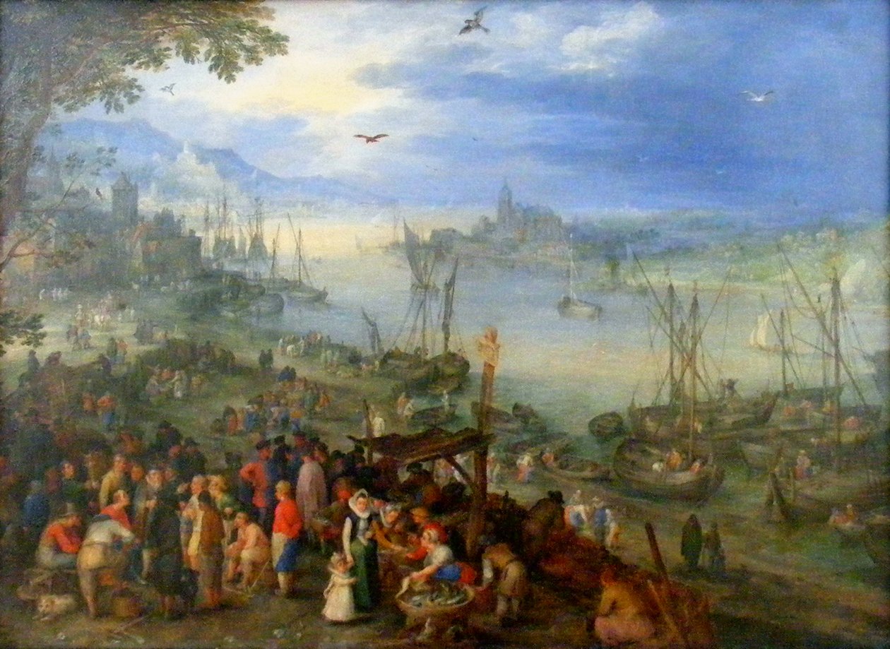 Rybí trh na břehu řeky od Jan the Elder Brueghel