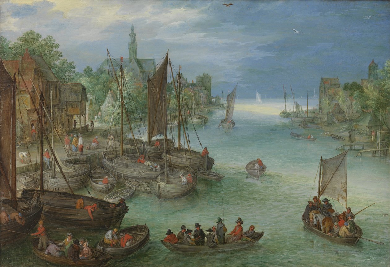 Pohled na město u řeky od Jan the Elder Brueghel
