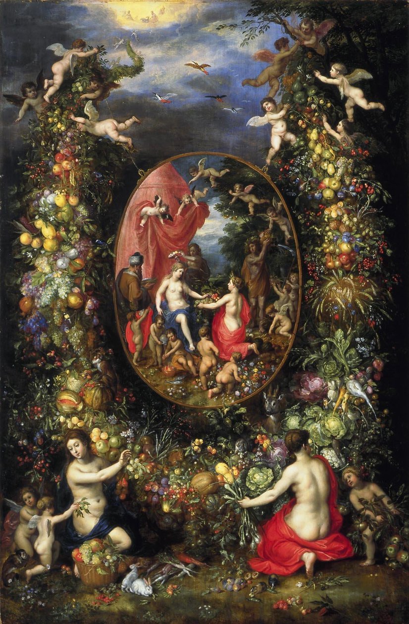 Věnec z ovoce a květin kolem alegorie zemědělství od Jan the Elder Brueghel