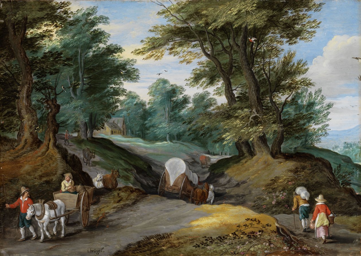 Zalesněná krajina s koňskými povozy a na trh lákající farmáře od Jan Brueghel the Younger