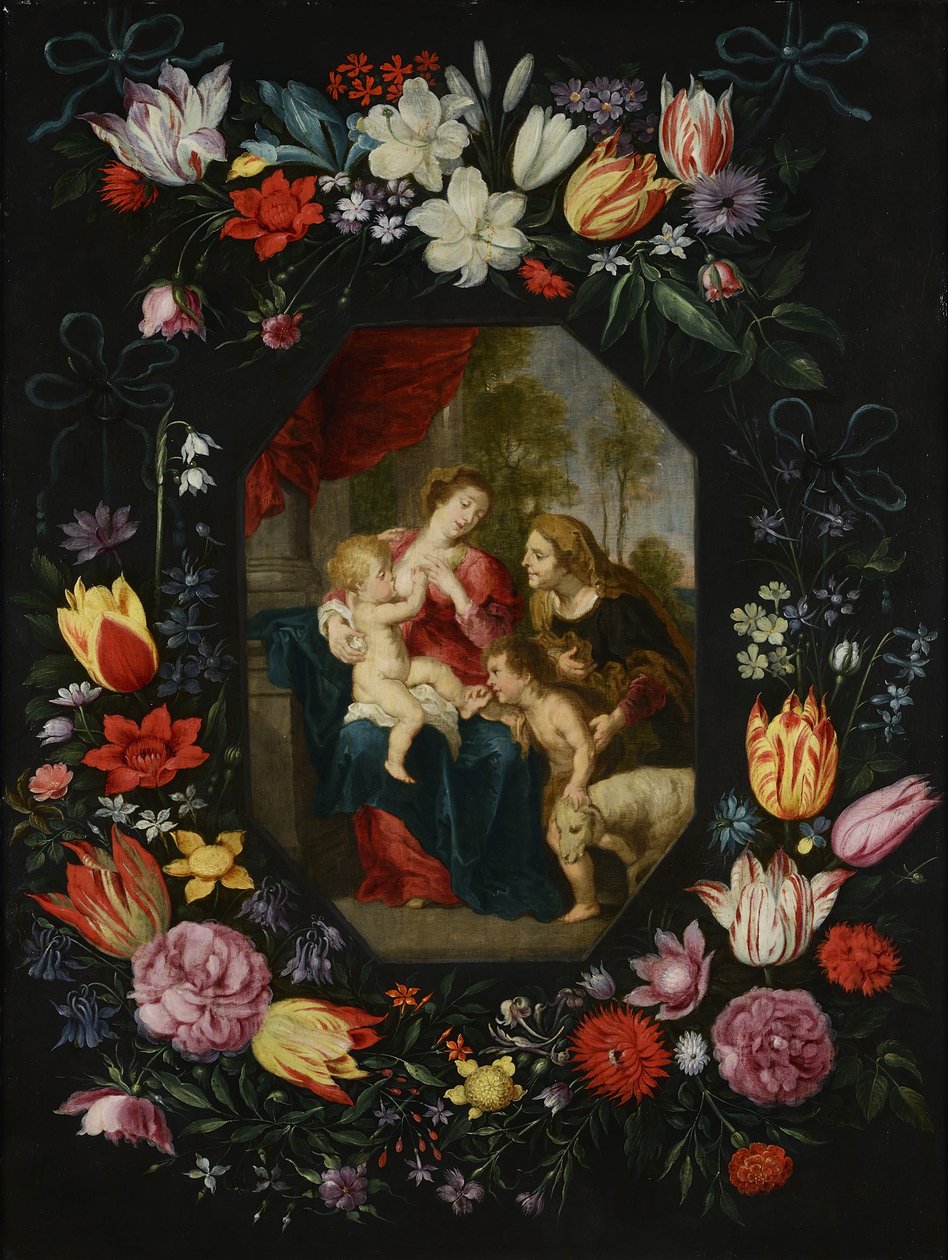 Panna Marie s dítětem a svatou Alžbětou a svatým Janem Křtitelem na květinovém věnci od Jan Brueghel the Younger