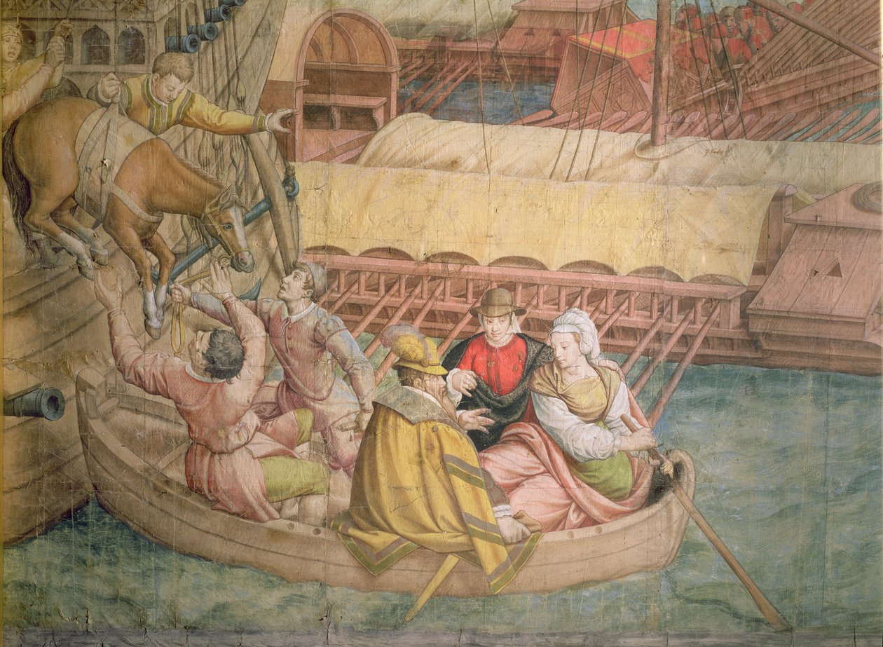 Tažení císaře Karla V. proti Turkům u Tunisu v roce 1535: bitva u Goletty, detail koně spouštěného do člunu, kresba pro gobelín (uhel a čb na papíře) od Jan Cornelisz Vermeyen