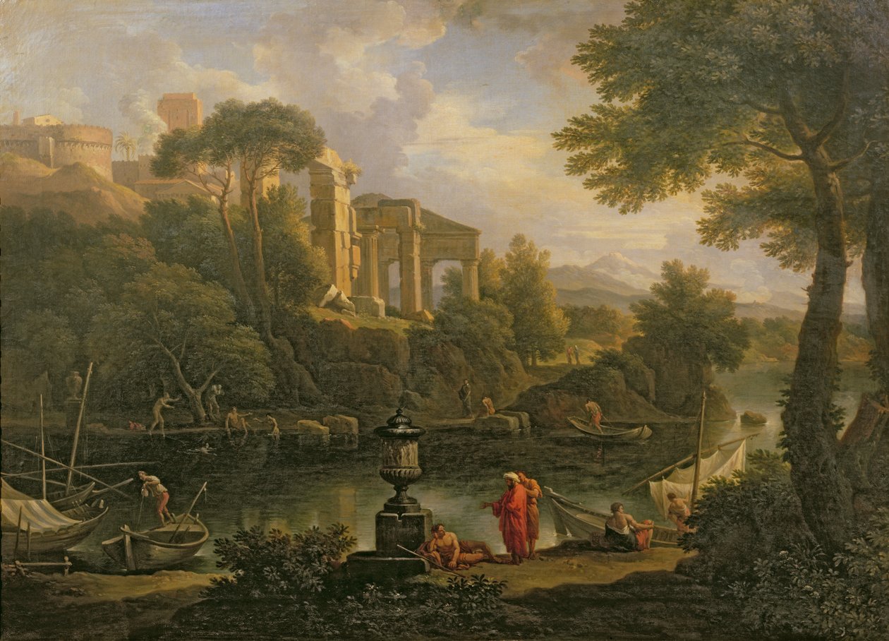 Krajina s postavami u bazénu s ruinami v pozadí od Jan Frans van Bloemen