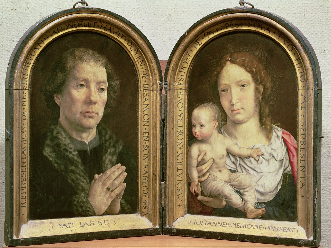 Diptych Carondelet; (LtoR) Portrét Jeana Carondeleta (1469-1545) děkan besanconské církve a rada Karla V.; Madonna a dítě, 1517 (viz také 210362 a 210363) od Jan Gossaert