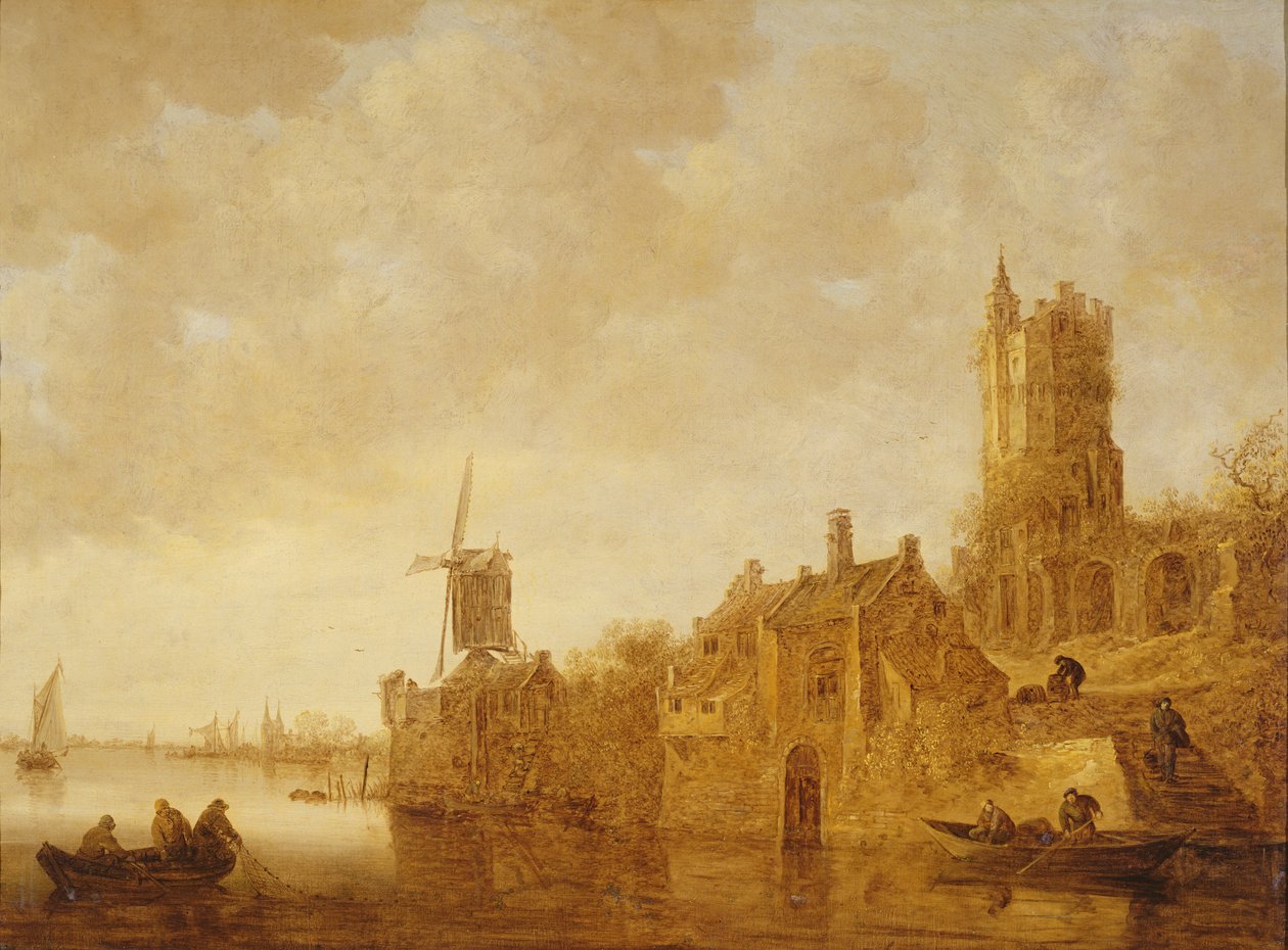 Říční krajina s větrným mlýnem a zříceninou hradu, 1644 od Jan Josephsz van Goyen