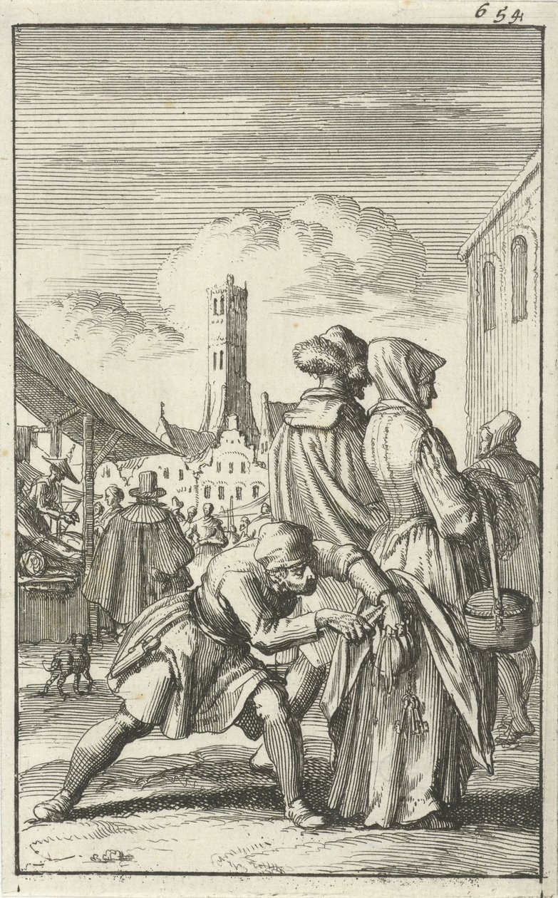 Žena na trhu okradená o kabelku, 1685 od Jan Luyken