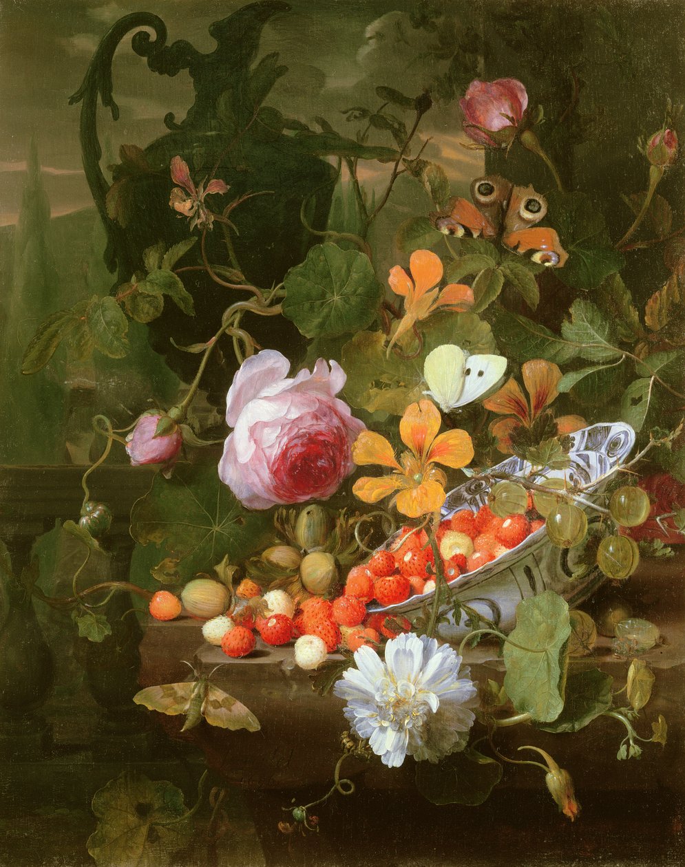Zátiší s jahodami v míse a květinami, 1696 od Jan Mortel