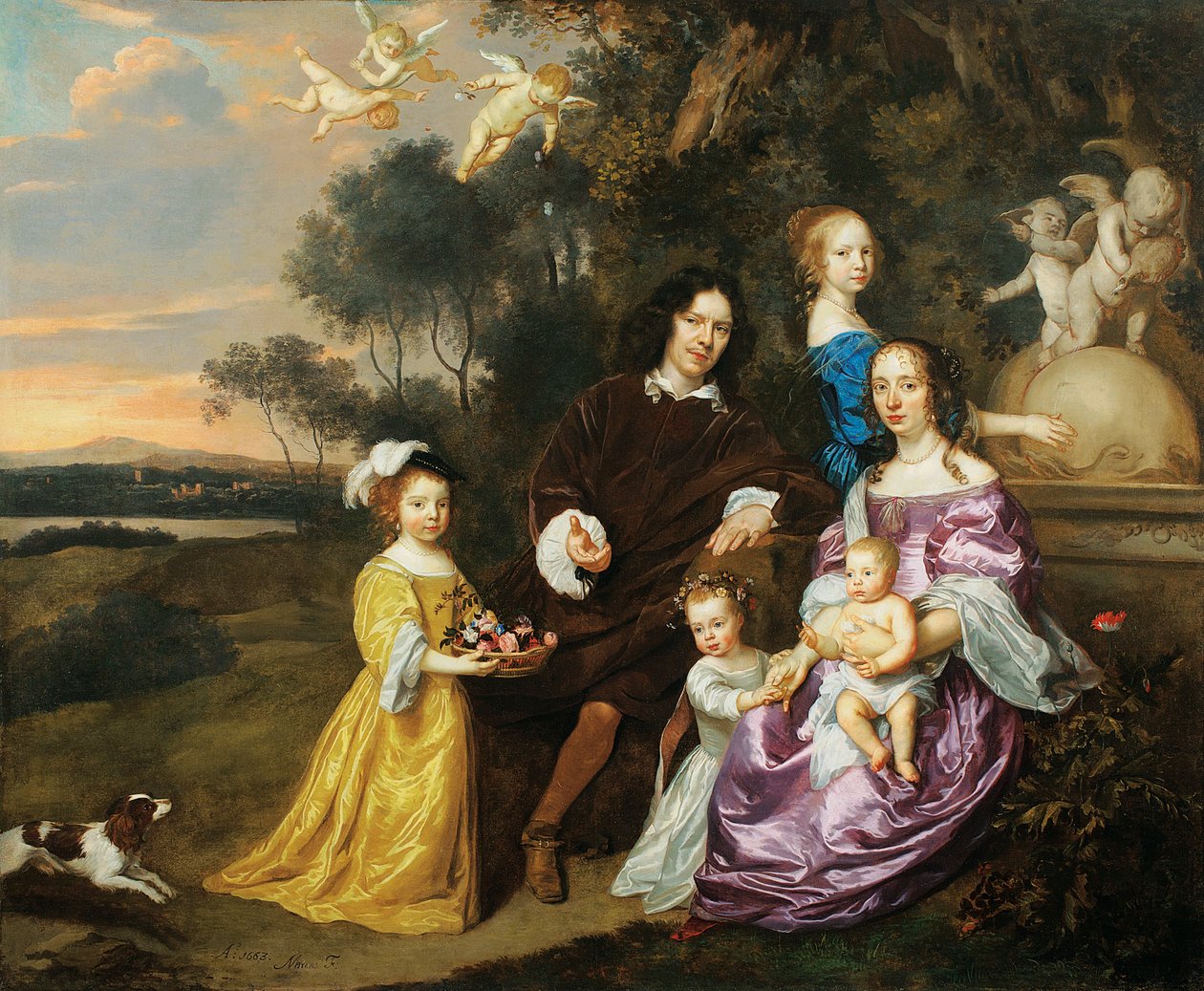 Portrét rodinné skupiny u okrasné fontány v pastýřské krajině, 1663 od Jan Mytens or Mijtens