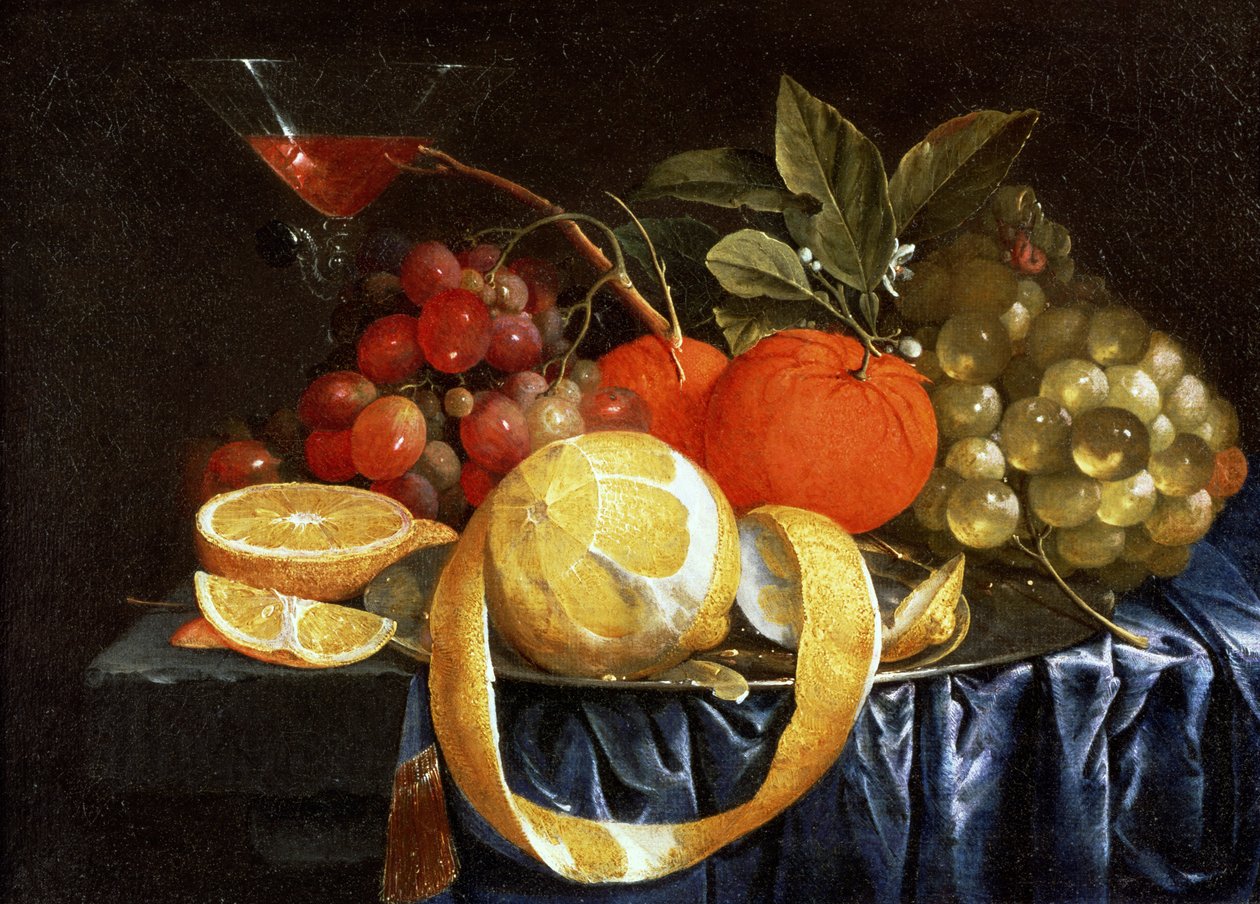 Zátiší z hroznů, pomerančů a loupaného citronu (olej) od Jan Pauwel the elder Gillemans