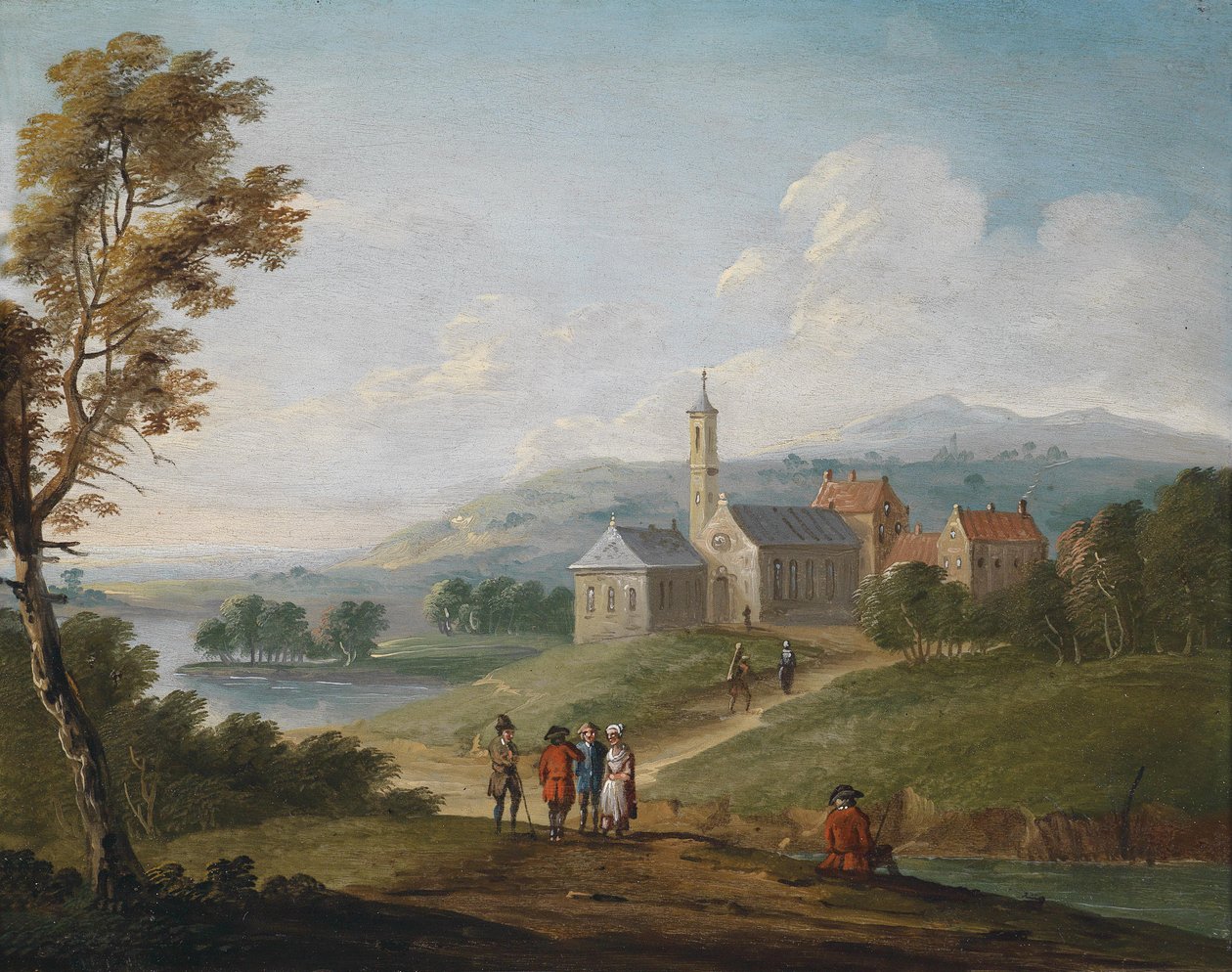 Říční krajina s vesnicí a turisty od Jan Pieter van Bredael