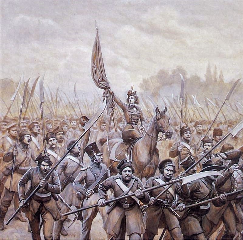 .nAngličtina: Emilia Plater řídící polské scythemen.nPolski: Emilia Plater v čele divize Kosynierow. od Jan Rosen