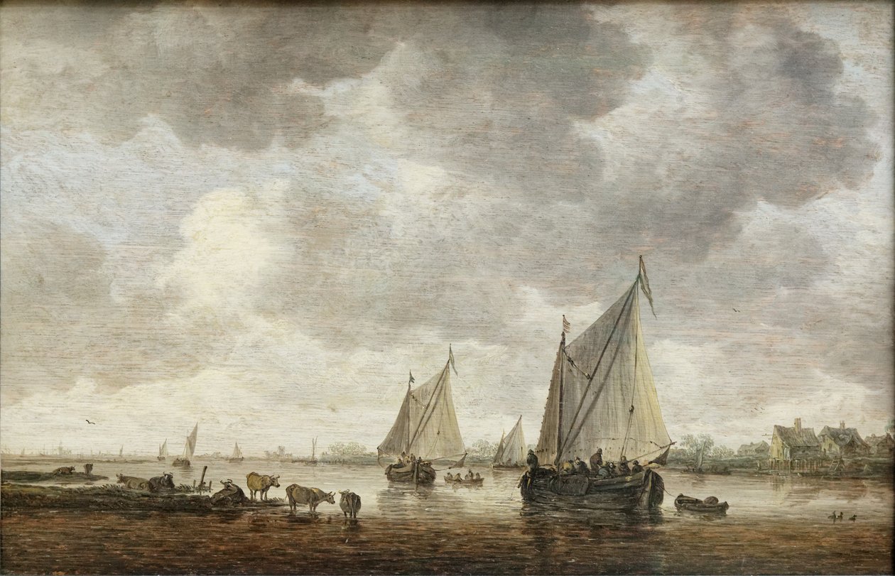 Dvě velké plachetnice na řece a dobytek poblíž břehu od Jan Josephsz van Goyen